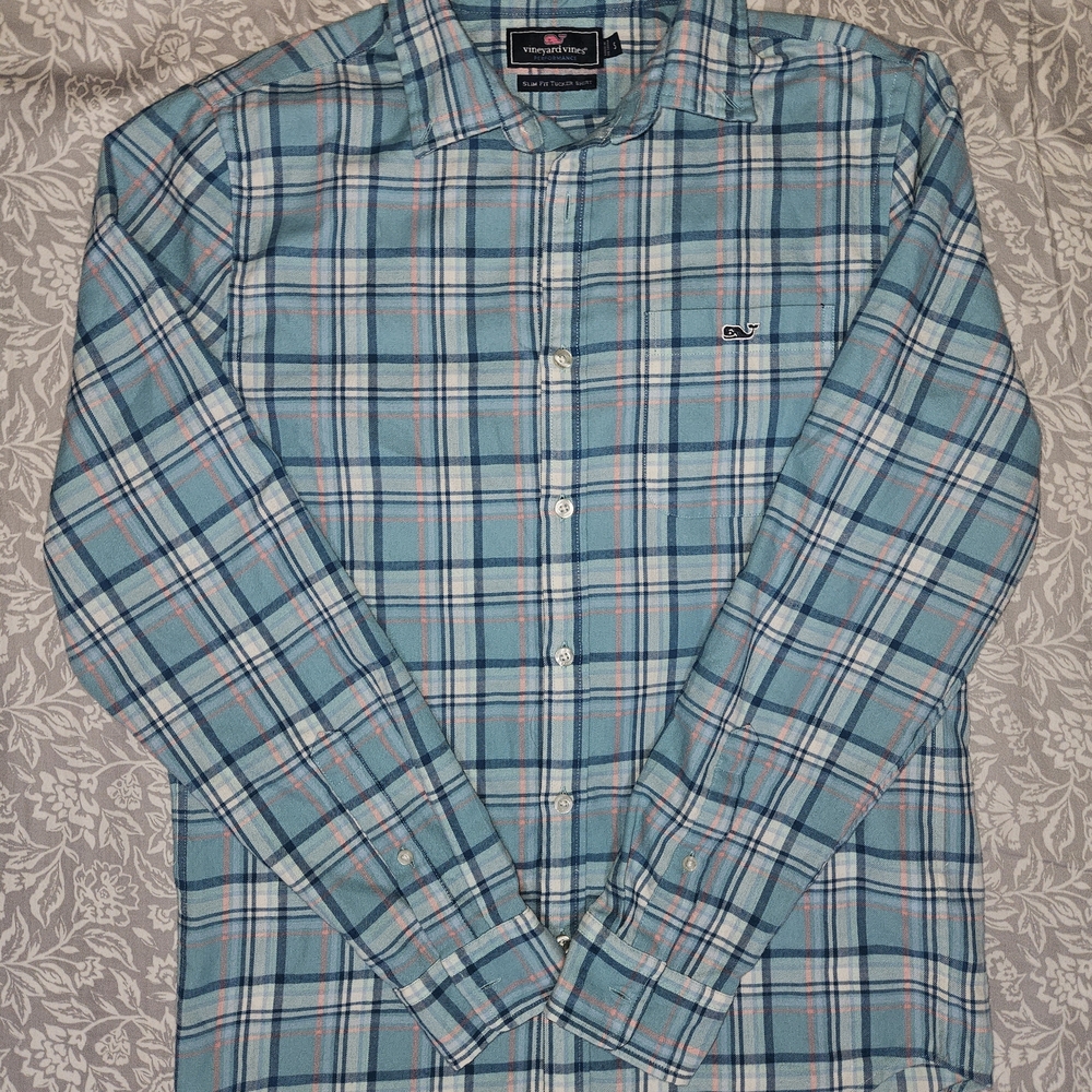 Vineyard Vines Men's Teal and Pink Plaid Shirt